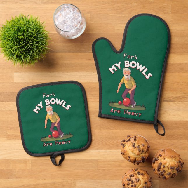 Rolling Struggles: Fark, My Lawn Bowls Are Heavy! Oven Mitt & Pot Holder Set (Top Down)