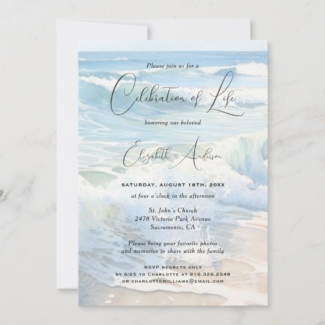 Rolling Waves Beach Script Celebration of Life Invitation (Front)