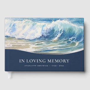 Rolling Waves Blue Silver Funeral Guest Book