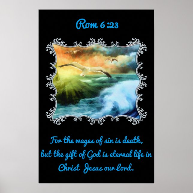 Rom 6:23 With seagulls flying over the open sea Poster (Front)