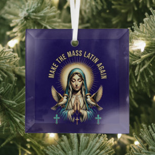 Roman Catholic Blessed Virgin Mary Latin Mass Glass Ornament