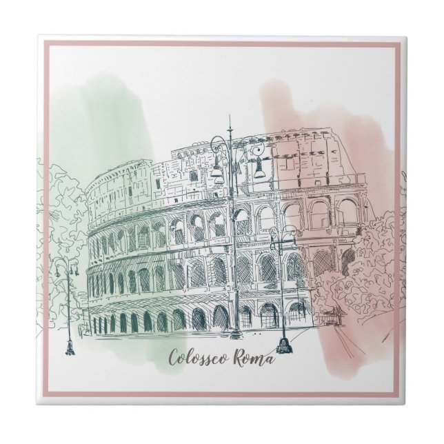 Roman Colosseum Italian Flag Colours Pen and Ink Tile (Front)