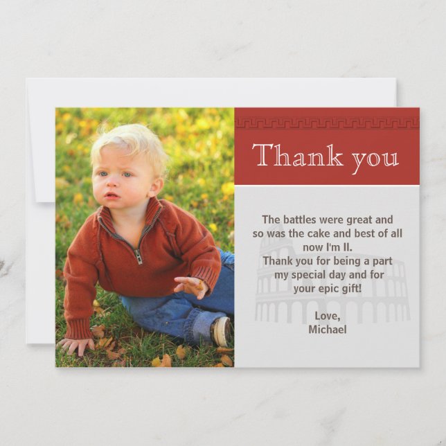 Roman Gladiator Thank You Note Custom Photo Red Card (Front)