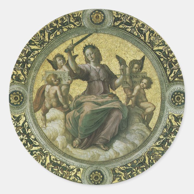Roman Goddess Justice with Angels by Raphael Classic Round Sticker (Front)