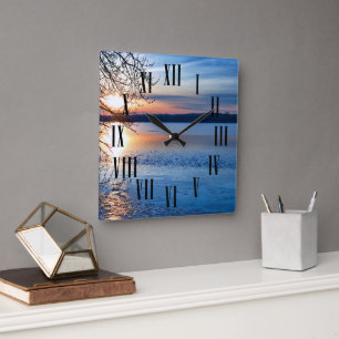 Roman Hours and Minutes Markers on Golden Sunrise Square Wall Clock