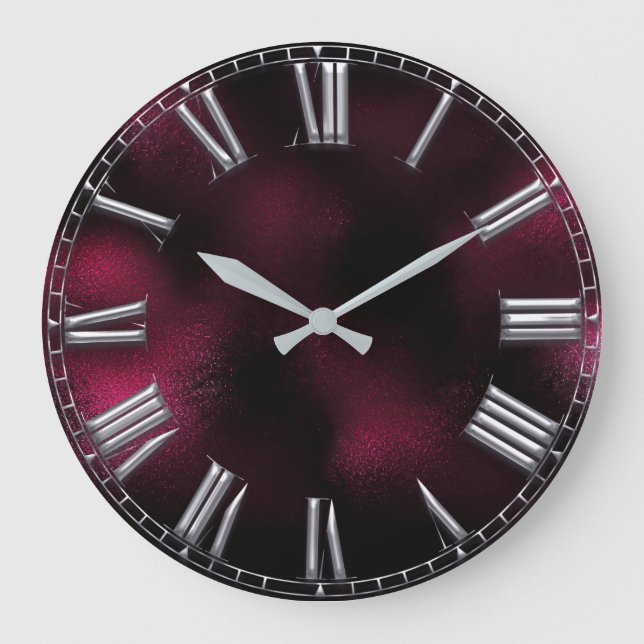 Roman Number Beetroot Burgundy Silver Grey Metal Large Clock (Front)