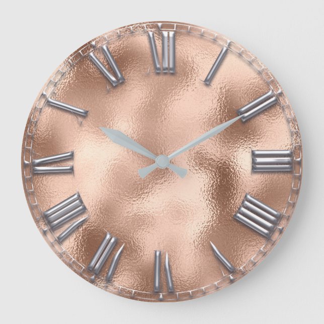 Roman Number Rose Gold Blush Grey Metallic Large Clock (Front)