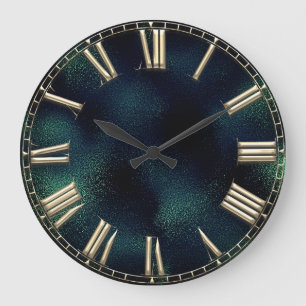 Roman Number Tropical Green Gold Glass Metallic Large Clock