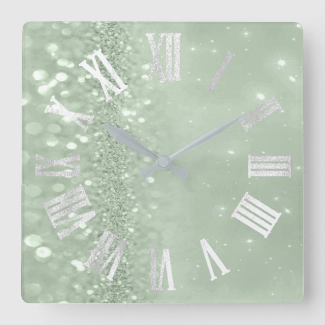 Roman Numbers Silver Gray Mint Green Glitter Glam Square Wall Clock (Front)