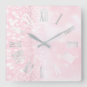 Roman Numbers Silver Grey Pink Glitter Girly Square Wall Clock
