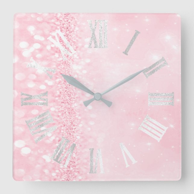 Roman Numbers Silver Grey Pink Glitter Glam Square Wall Clock (Front)