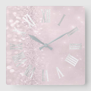 Roman Numbers Silver Pink Blush Green Glitter Glam Square Wall Clock