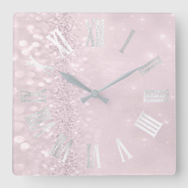 Roman Numbers Silver Pink Blush Green Glitter Glam Square Wall Clock (Front)
