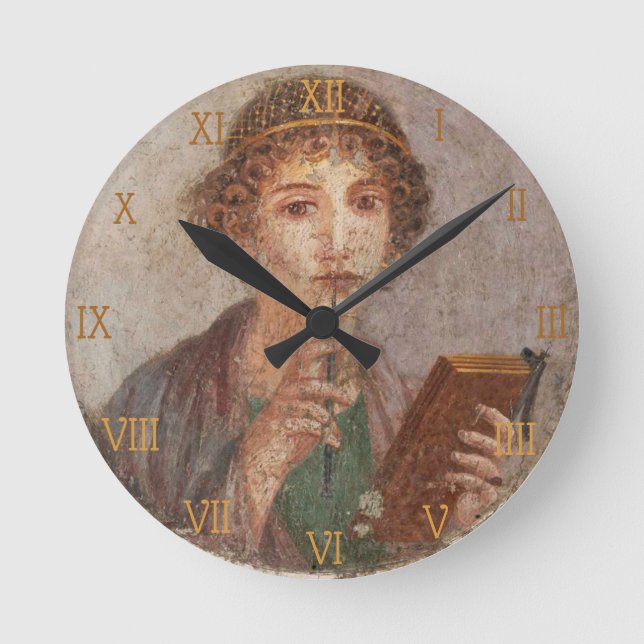 Roman Numerals Pompeii Art Sappho Girl with Stylus Round Clock (Front)