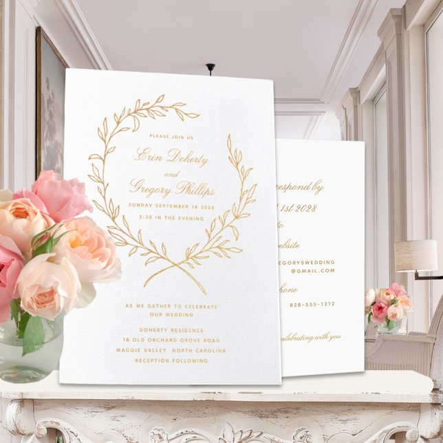 Roman Olive Leaf Wreath Wedding Gold 4 x 5 Invite (Creator Uploaded)