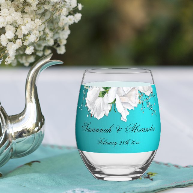 Romance and Roses Turquoise Wedding Stemless Wine Glass (Creator Uploaded)
