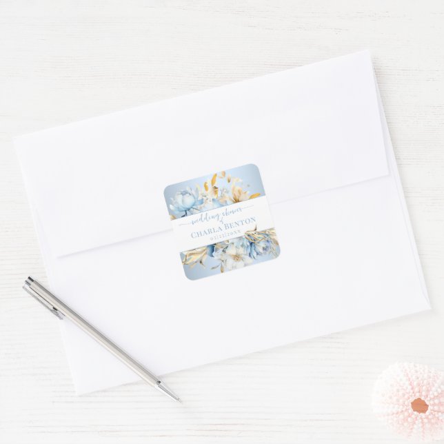 Romance Blue Floral Gold Wedding Shower Square Sticker (Envelope)
