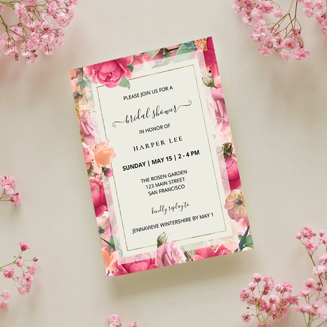 Romance Blush Pink Roses Garden Bridal Shower  Invitation (Romance Blush Pink Roses Gold Frame Modern Floral Garden Bridal Shower Invitation)