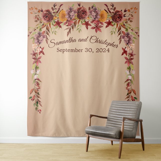 Romance Floral Autumn Wedding Photo Booth Backdrop Tapestry (In Situ)
