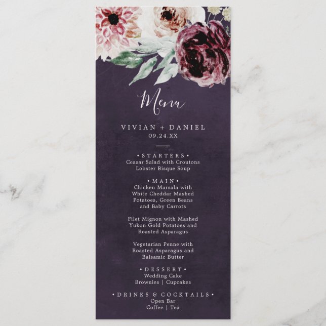Romance florale | Menu Dîner Mariage Plum (Devant)