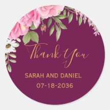 Romance Plum with Pink Roses Wedding Thank You