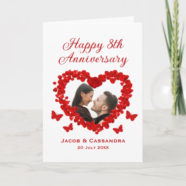 Romance Red Rose Heart Butterfly Photo Anniversary Card (Front)