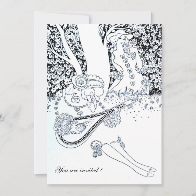 ROMANCE,ROMANTIC LOVERS BLACK WHITE WEDDING PARTY INVITATION (Front)
