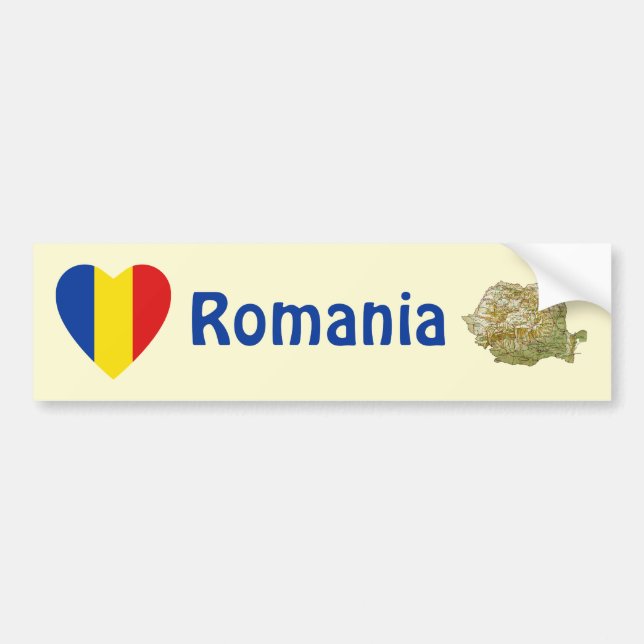 Romania Flag Heart + Map Bumper Sticker (Front)