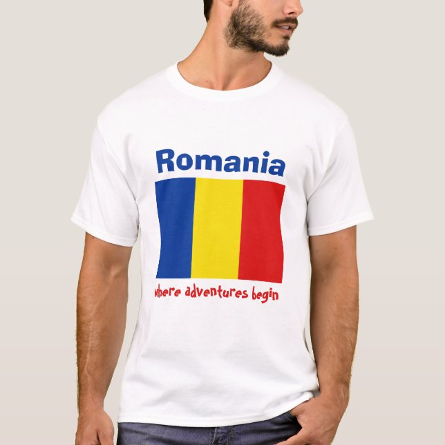 Romania Flag + Map + Text T-Shirt (Front)