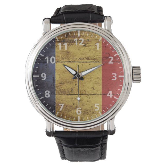 Romania Flag on Old Wood Grain Watch (Front)