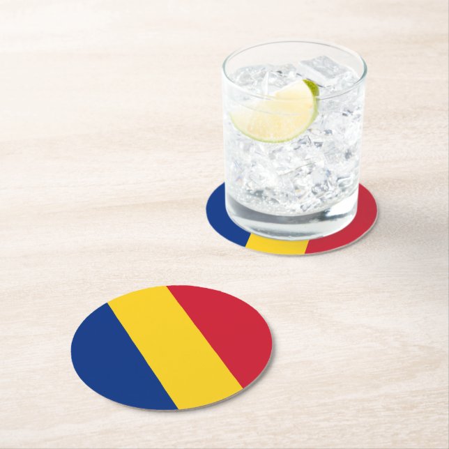 Romania flag round paper coaster (Insitu)