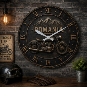 Romania Motorcycle Vintage Racer Carpathian Mounta Large Clock