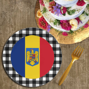 Romania Plate, buffalo plaid & Romanian Flag Paper Plate