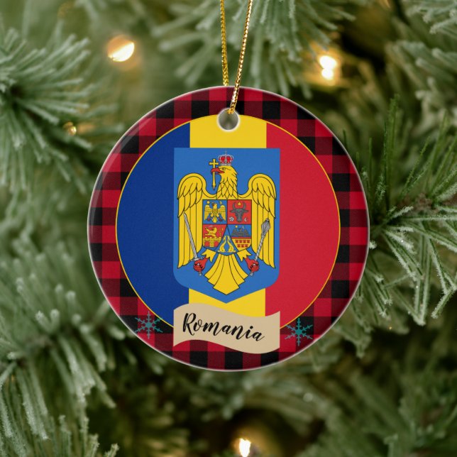 Romania, Red buffalo plaid & Romanian Flag Ceramic Ornament (Tree)