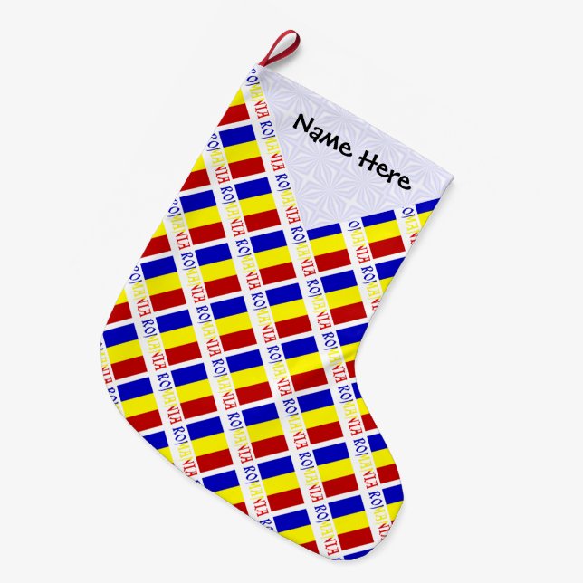 Romania Romanian Flag Titled Black Personalization Large Christmas Stocking (Front (Hanging))