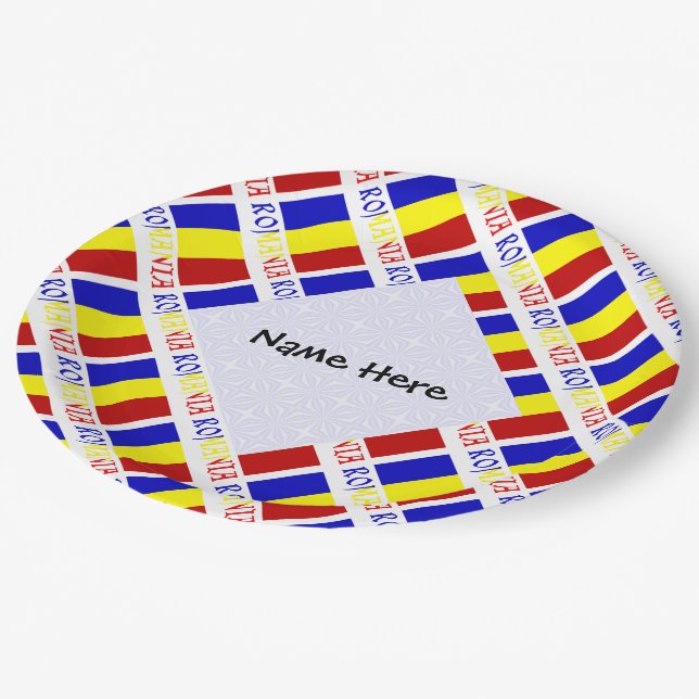 Romania Romanian Flag Titled Black Personalization Paper Plate (Angled)