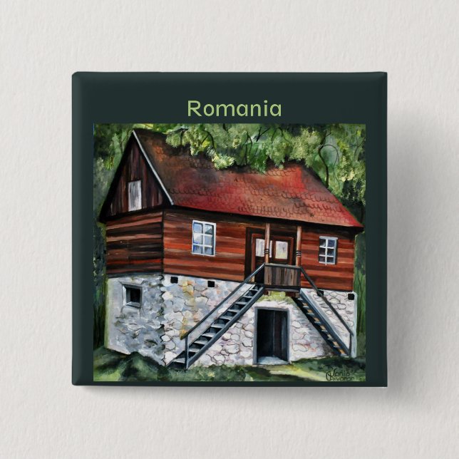 Romania - Traditional Transylvanian House 2 Inch Square Button (Front)