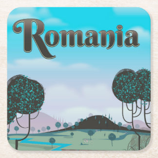 Romania Vintage landscape travel poster Square Paper Coaster