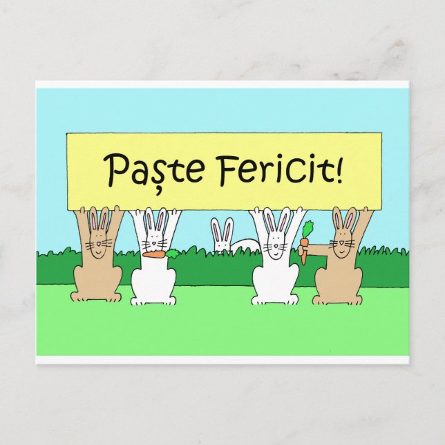 Romanian Happy Easter, Cartoon Bunnies. Holiday Postcard (Front)