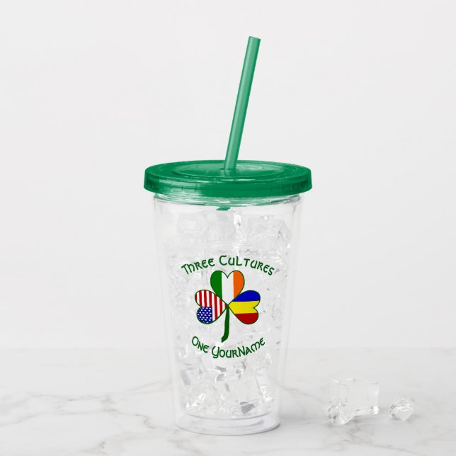 Romanian Irish American Flags Shamrock Personalize Acrylic Tumbler (Back Ice)