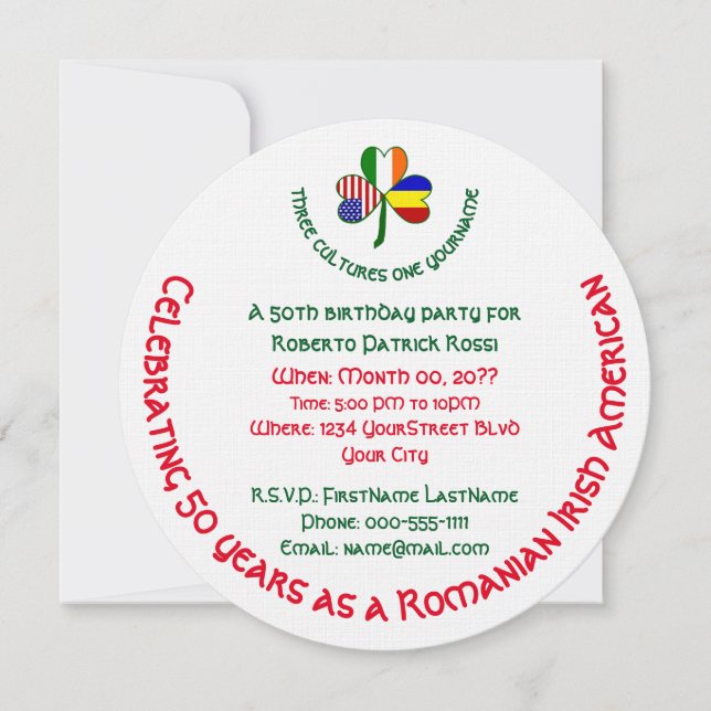 Romanian Irish American Shamrock Birthday Invitation (Front)
