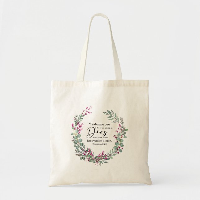 Romanos 8 28, spanish bible verse tote bag (Front)