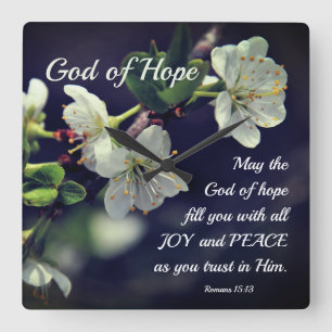 Romans 15:13 God of Hope White Flowers Square Wall Clock