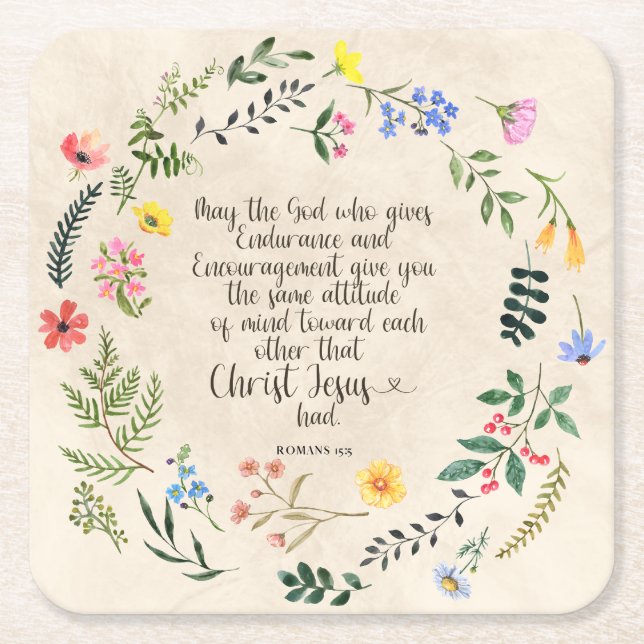 Romans 15:5 Bible Verse Image Square Paper Coaster (Front)