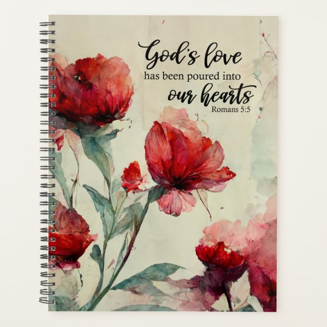  Romans 5:5 God's Love Bible Verse Red Pink Flower Planner (Front)