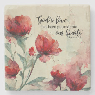 Romans 5:5 God's Love Bible Verse Red Pink Flowers Stone Coaster