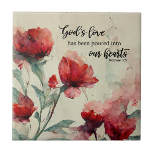 Romans 5:5 God's Love Bible Verse Red Pink Flowers Tile