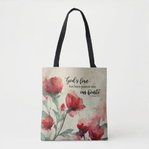 Romans 5:5 God's Love Bible Verse Red Pink Flowers Tote Bag
