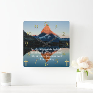 Romans 6:23 Christian Faith moutain lake view  Square Wall Clock