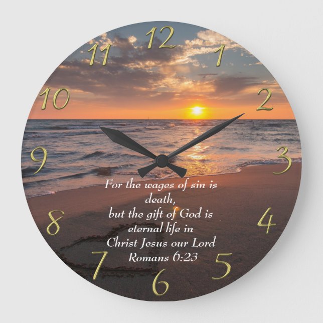  Romans 6:23 Christian Faith ocean with a sunset  Large Clock (Front)